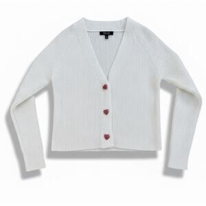 WITTY FOX Rib Knit Cardigan Sweater Heart Rhinestone Buttons Small V Neck